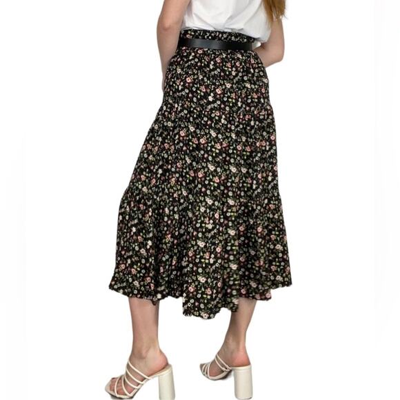SO Large New with Tags High Rise Black & Pink Floating Floral Print Midi Skirt - Picture 4 of 10